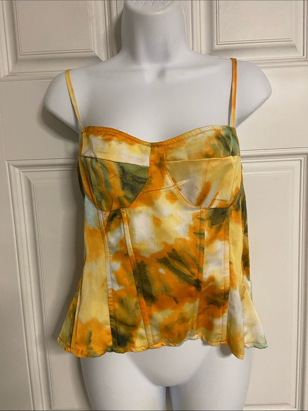 T43a- PRETTY LITTLE THING Yellow Tie-Dye Sweetheart Corset Top